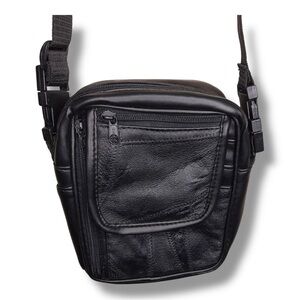 Vintage 90s Era Black Leather Crossbody Bag Unisex Nylon Strap Travel